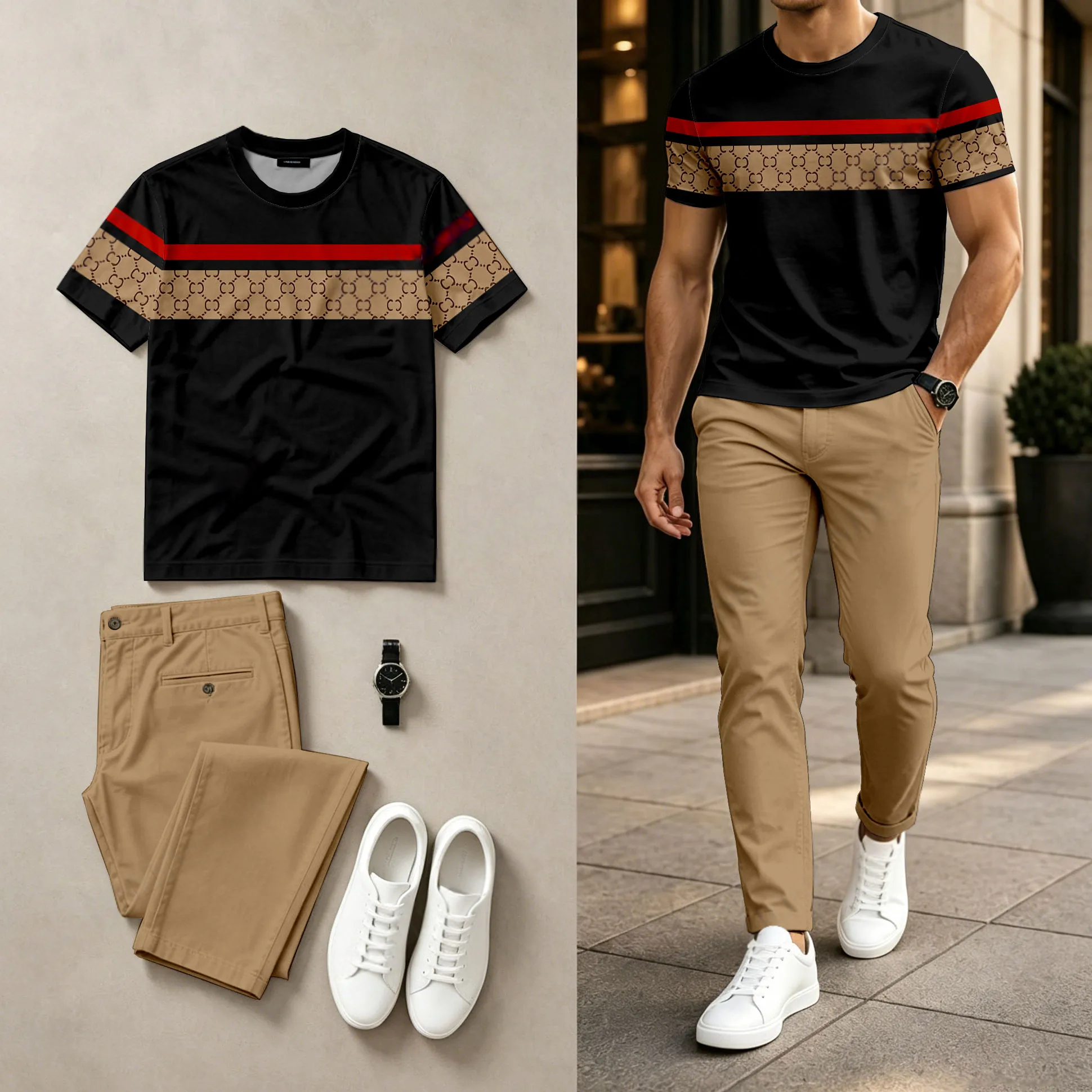 Conjunto de dos piezas casual Color-Blocked estampado Round-Neck de manga corta Top And pantalón para hombre