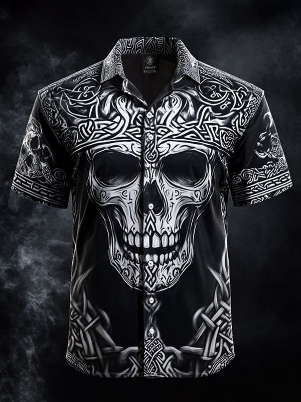 Camisa vintage Skull and floral de manga corta para hombre