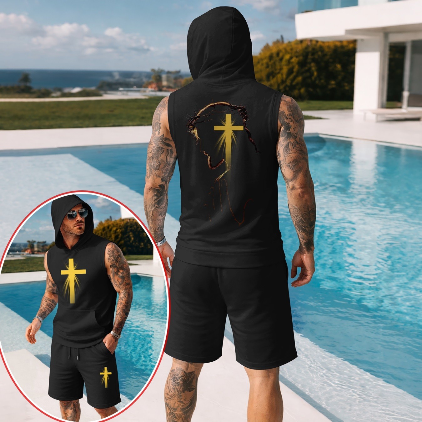 Conjunto de dos piezas Summer – Sleeveless sudadera con capucha & shorts, Faith & Prayer-Inspired Cross Design, casual Regular Fit Summer Outfit, Athletic Streetwear, Lightweight Summer Tracksuit para hombre
