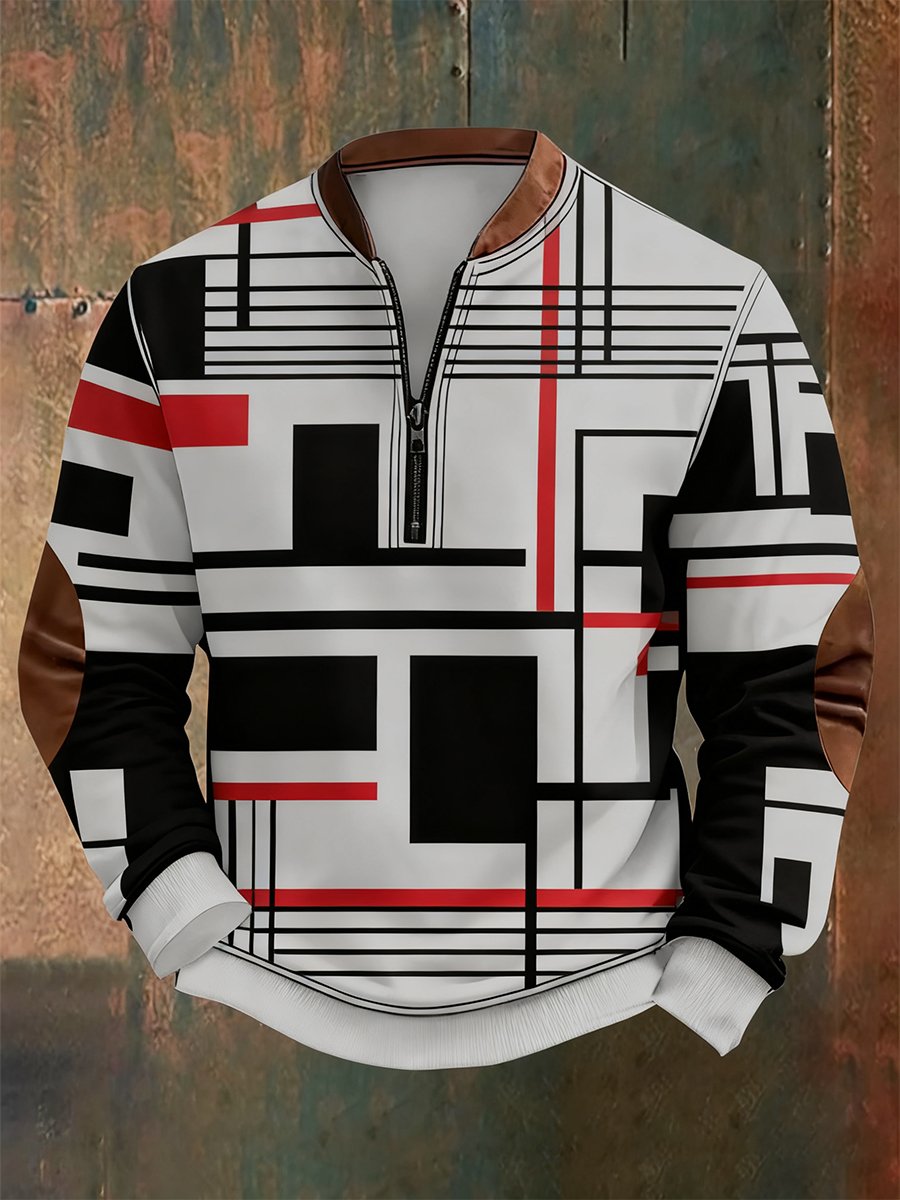 Sudadera retro Bauhaus geométrico Style estampado Quarter Zip para hombre