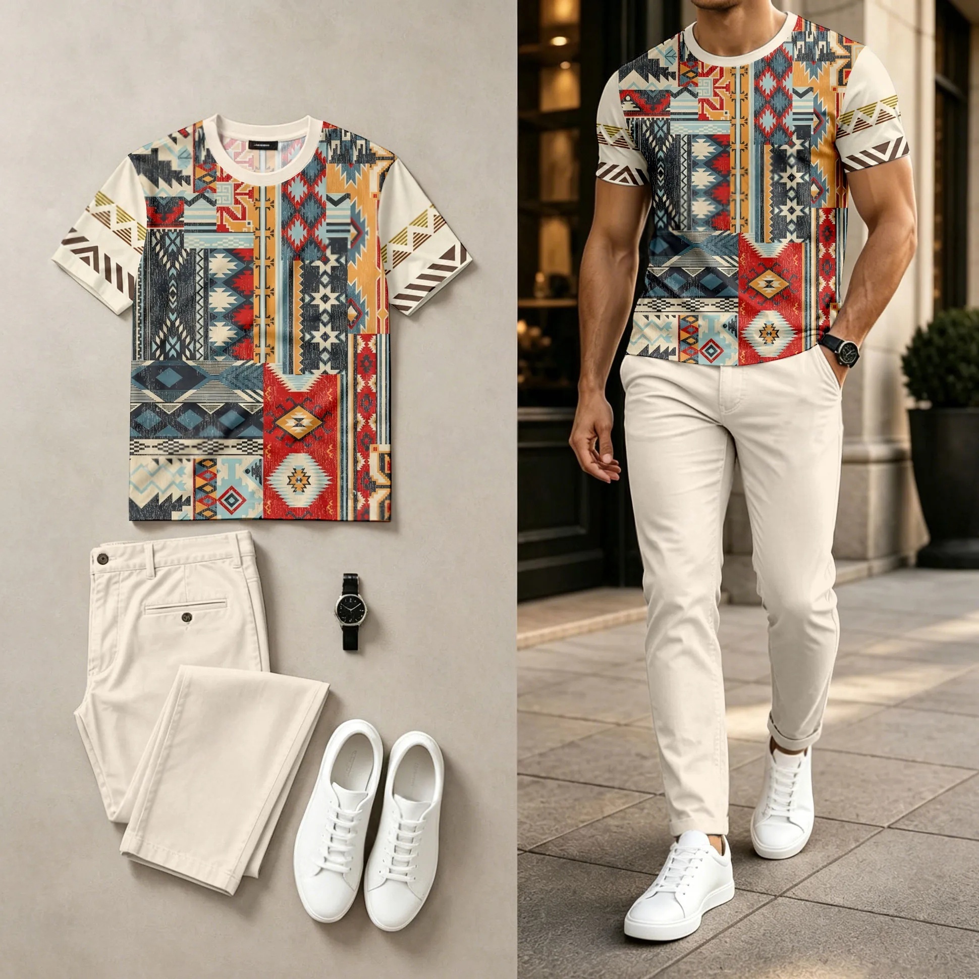 Conjunto de dos piezas casual Multi-en bloques de color estampado Round-Neck de manga corta Top And pantalón para hombre