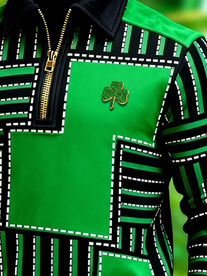 Sudadera (Detachable Shamrock Brooch Included) St. Patrick's Day estampado Color-Block con cierre con gorrasucha para hombre