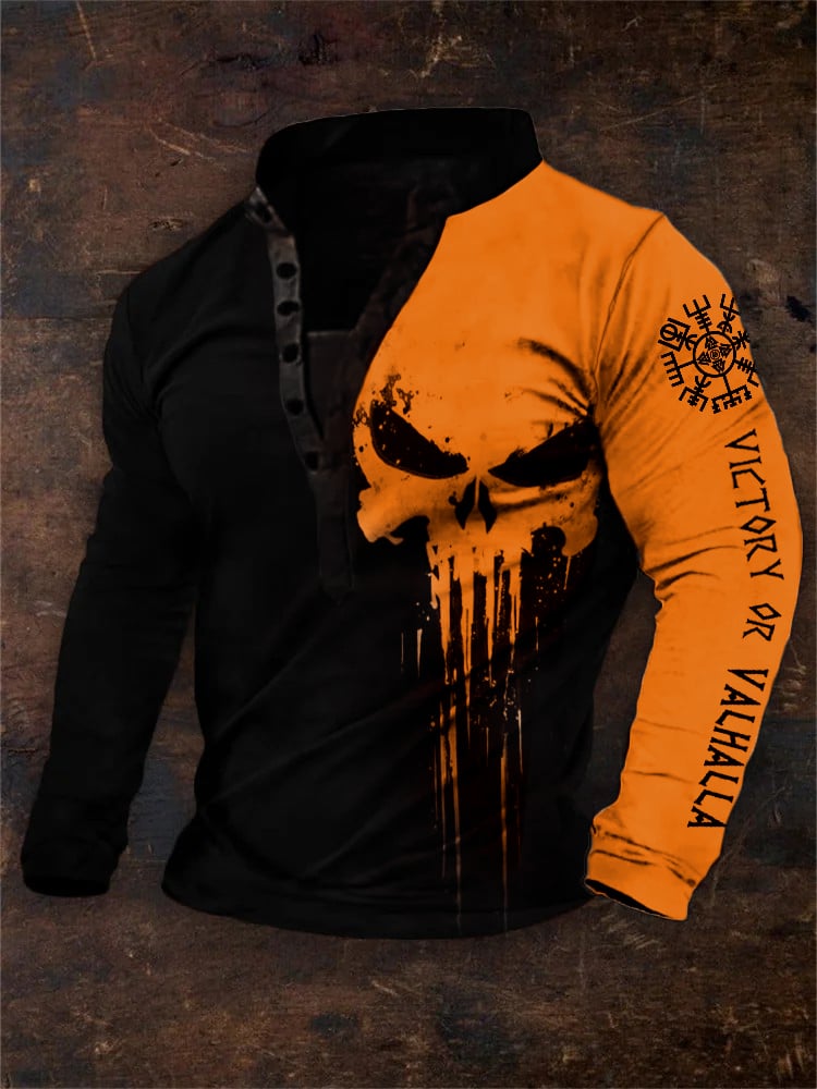 Sudadera vintage Victory Or Valhalla Vegvisir Skull Contrast estampado Henley cuello para hombre