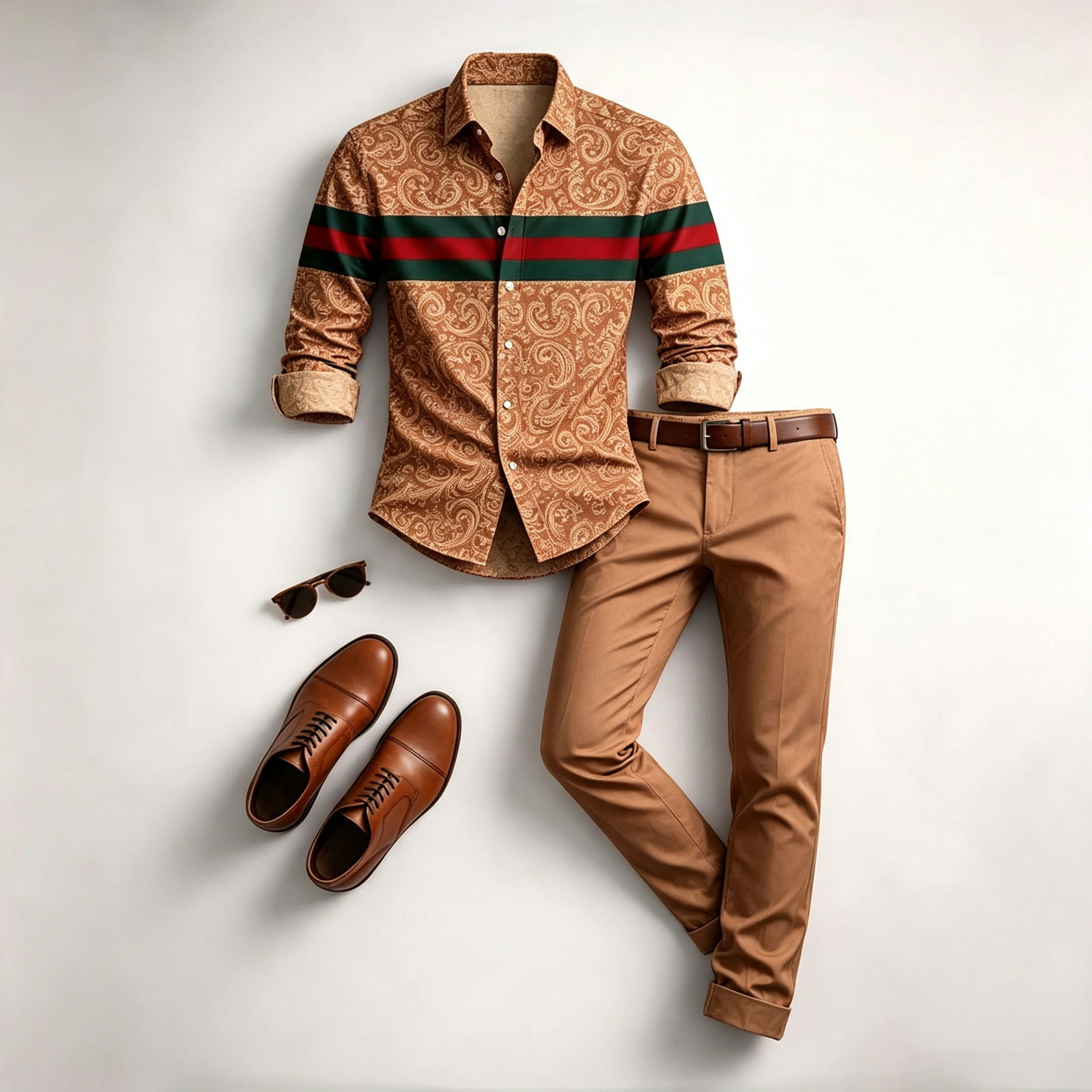 para hombre Brown estampado de manga larga camisa and pantalón Set