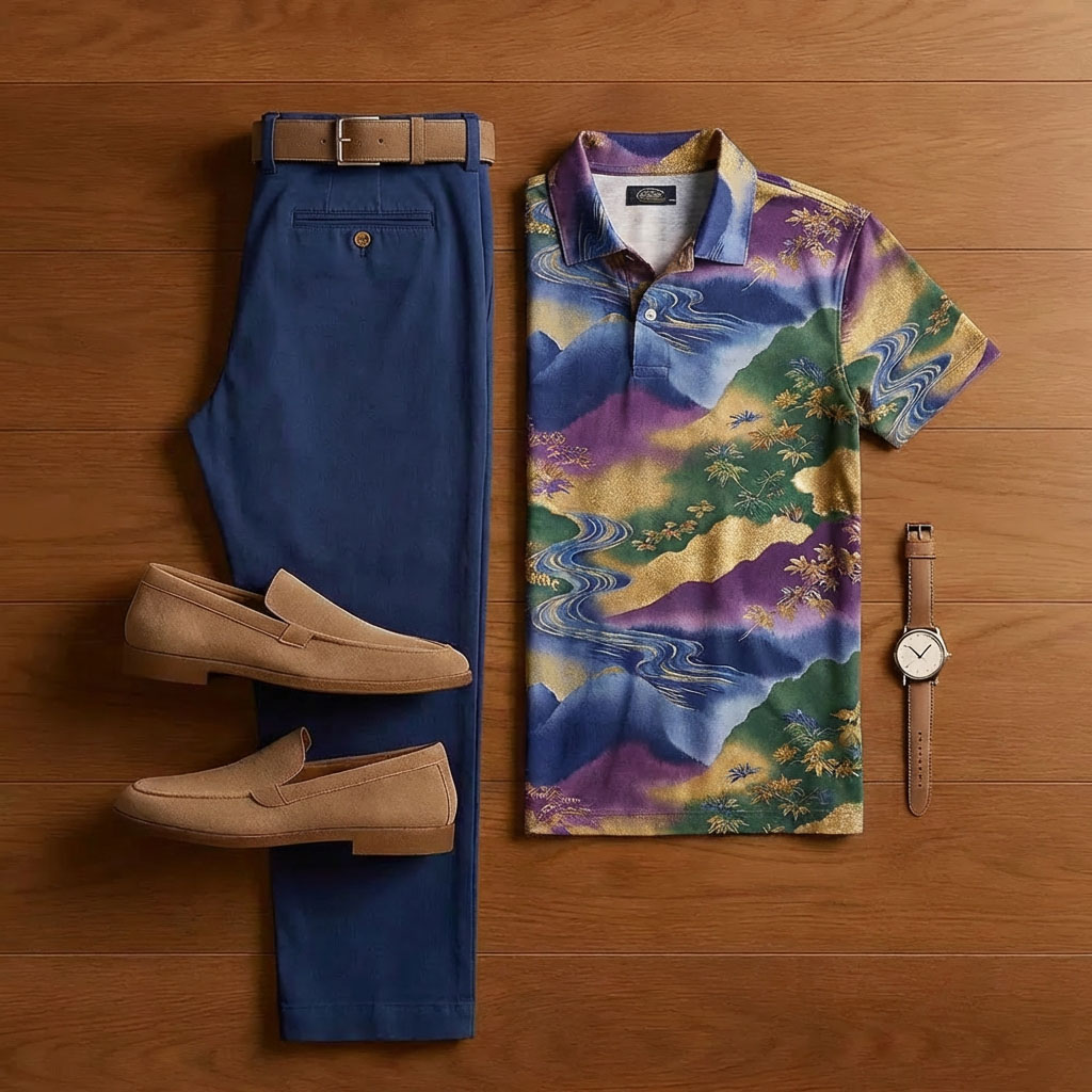 Conjunto de dos piezas casual Dark Blue Color-Blocked estampado de manga corta camisa And Trousers para hombre