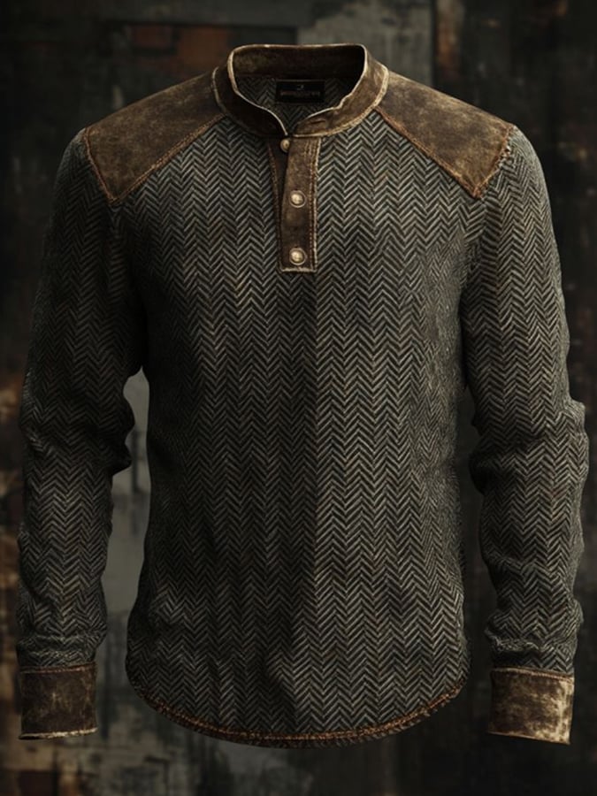 Camisa casual vintage desgastado estampado de manga larga Henley para hombre