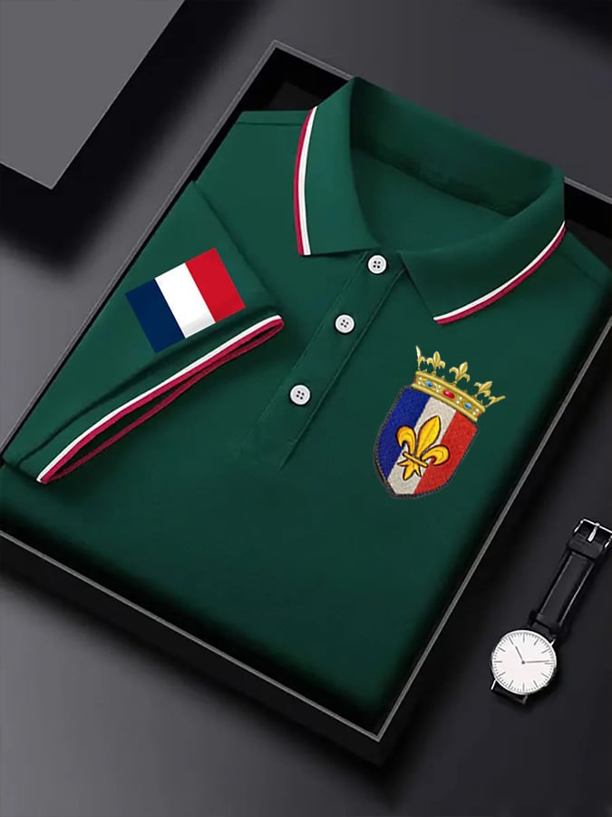 Camisa polo de manga corta French Badge estampado con botones para hombre