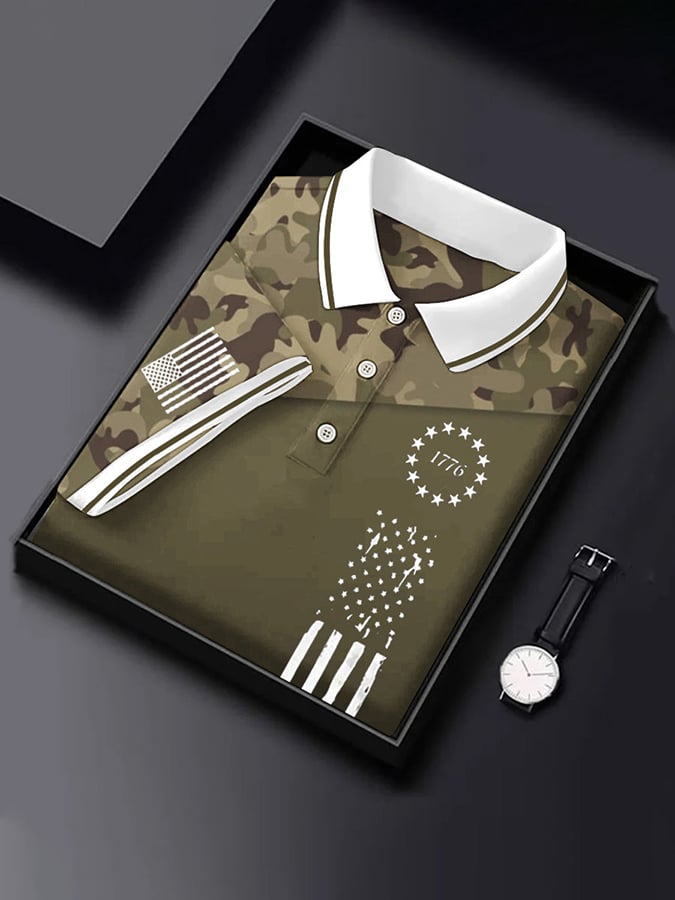 Camisa polo vintage camuflaje Flag estampado para hombre