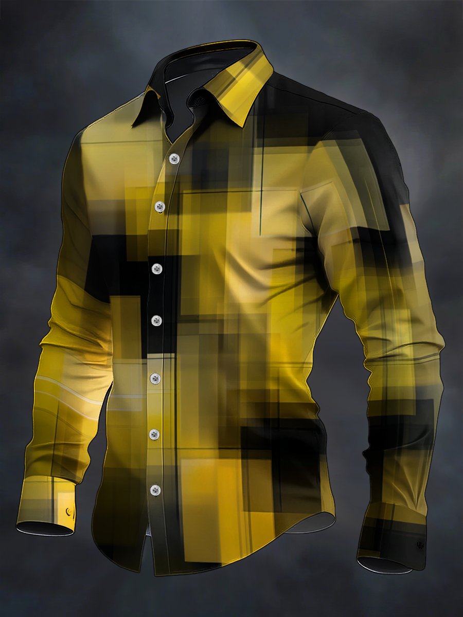 Camisa retro casual geométrico Art de manga larga para hombre