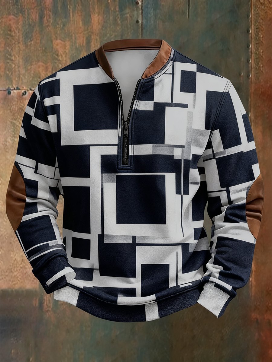 Sudadera retro Bauhaus geométrico Style estampado Quarter Zip para hombre