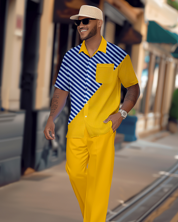 Camisa retro colorblock de manga corta walking Suit 1681 para hombre