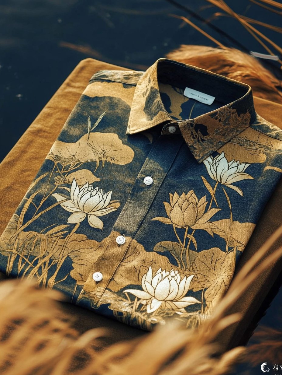 Camisa de lujo clásico Ukiyo-e de manga larga para hombre