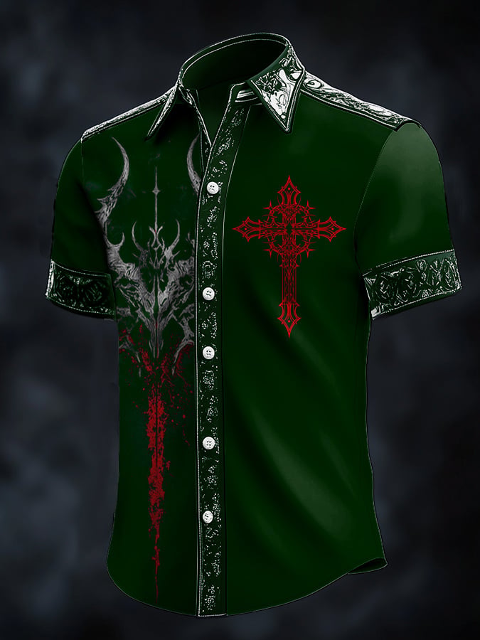 Camisa casual de moda Dark diseño Cross Crow Contrast satén para hombre