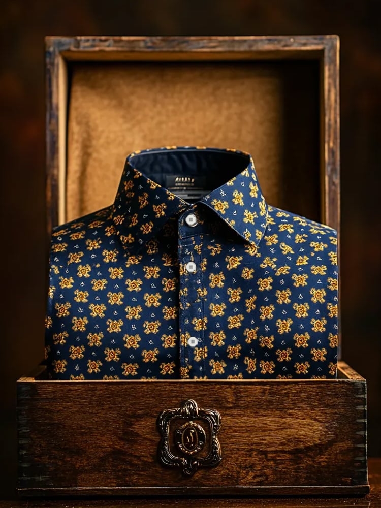 Camisa de lujo Romantic Contrast Color estampado de manga larga para hombre