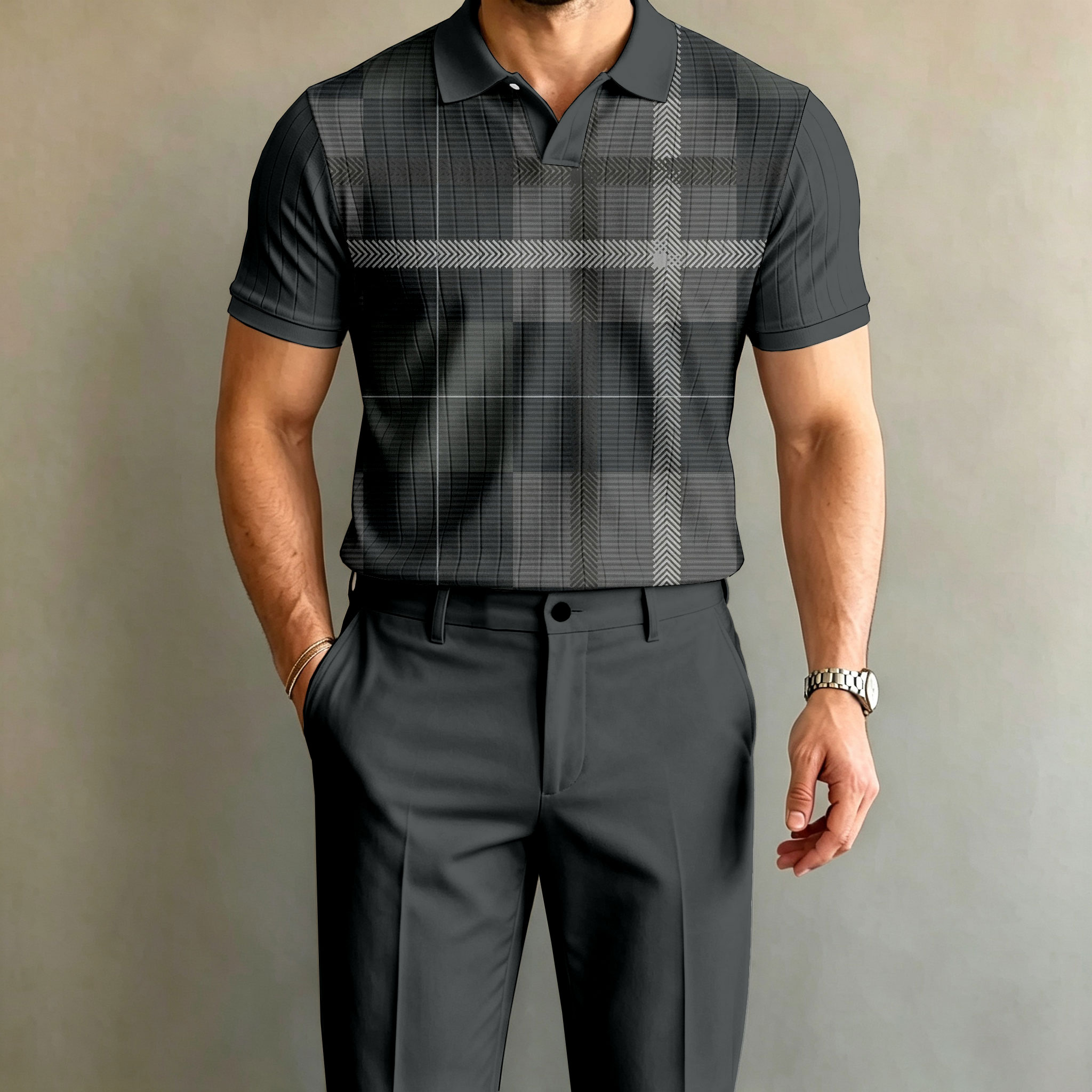 para hombre Black and Gray a rayas de manga corta camisa polo and pantalón Set