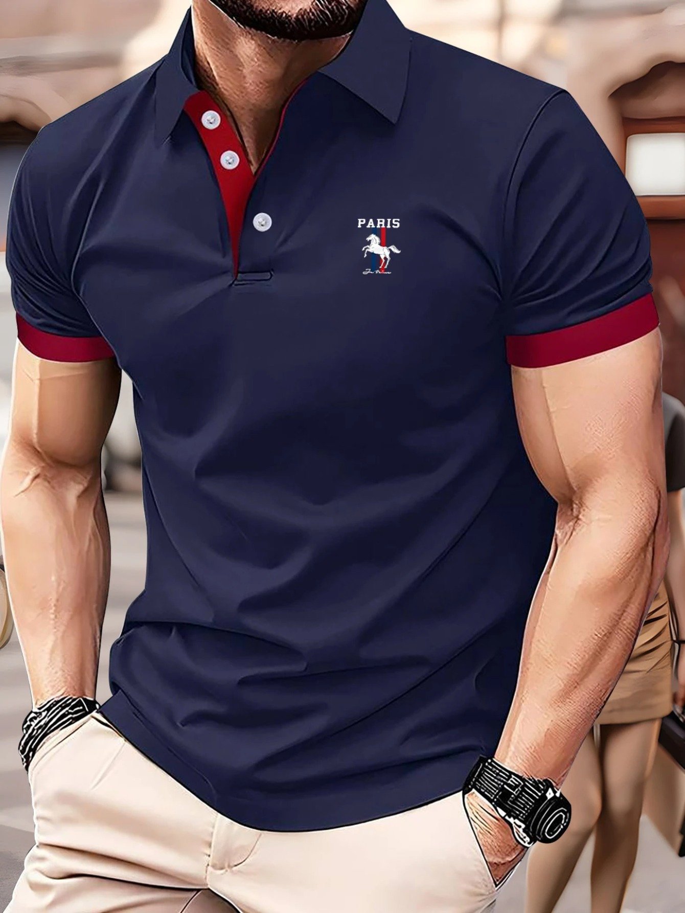 Camisa polo ejecutivo casual a rayas Button de manga corta para hombre