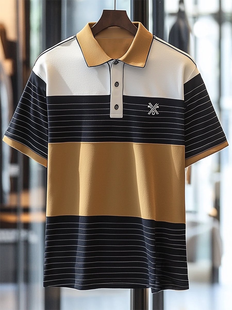 Camisa polo ejecutivo casual a rayas Skull Button de manga corta para hombre
