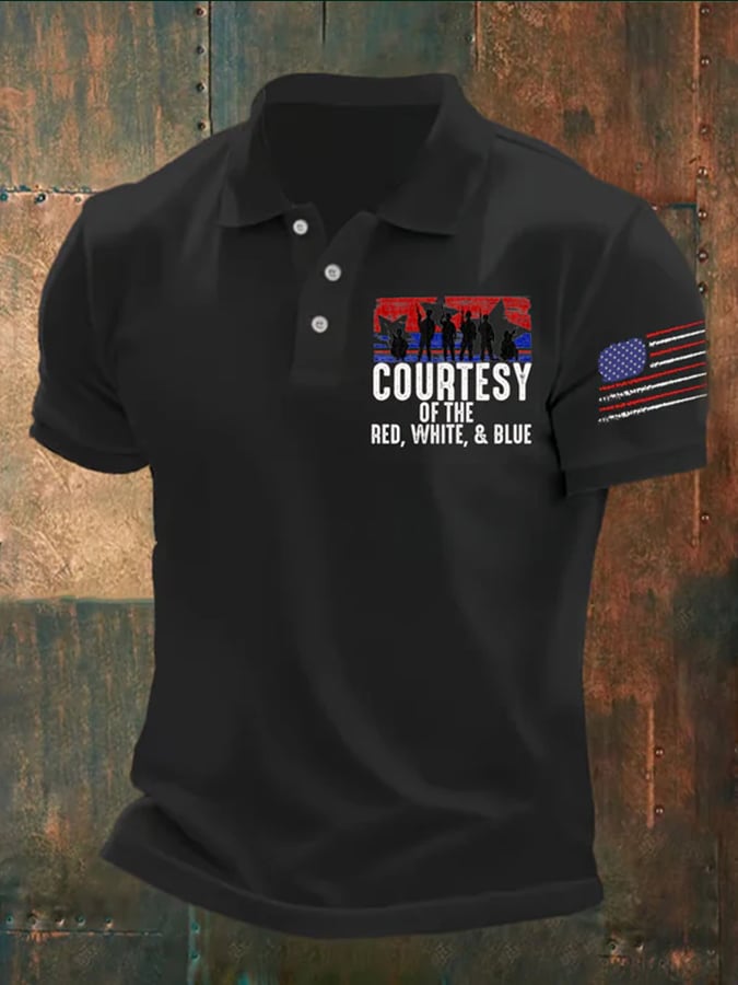 Camisa polo casual flag character star letter estampado para hombre
