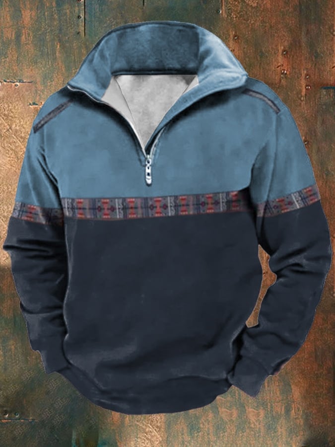 Sudadera retro Western estampado solapa de manga larga para hombre