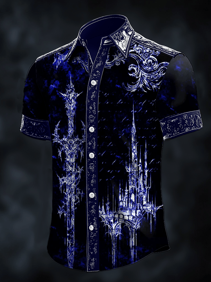 Camisa Dark Skull estampado satén de manga corta para hombre