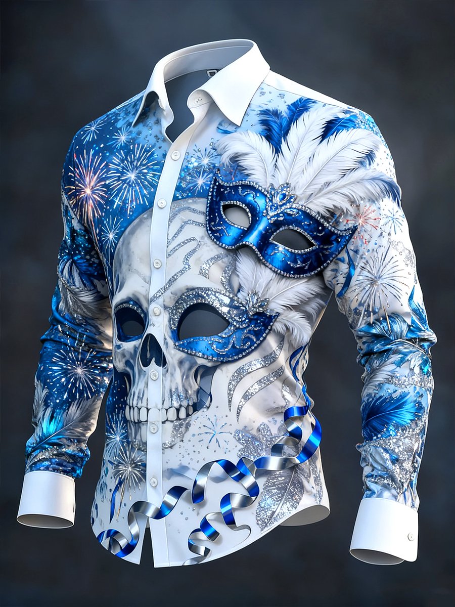 Camisa retro Carnival Skull de manga larga para hombre