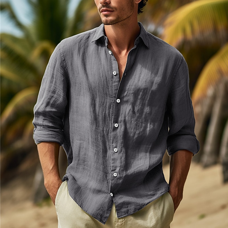 Camisa de algodón de lino camisa Summer camisa Beach Wear Button Up camisa Plain Vacation Curise Black White Pink Navy Blue de manga larga solapa Spring & Summer Clothing Apparel para hombre - vista 5