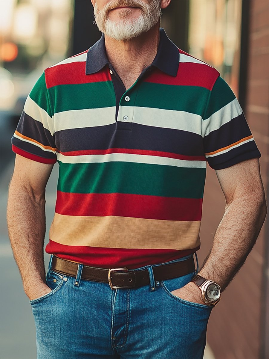 Camisa polo casual ejecutivo rayas estampado con botones de manga corta para hombre