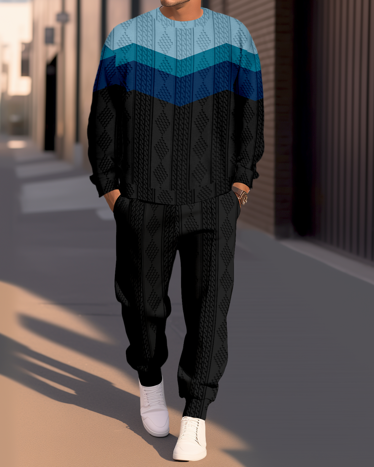 Textured Jacquard Round Neck casual Sports Set 010 para hombre