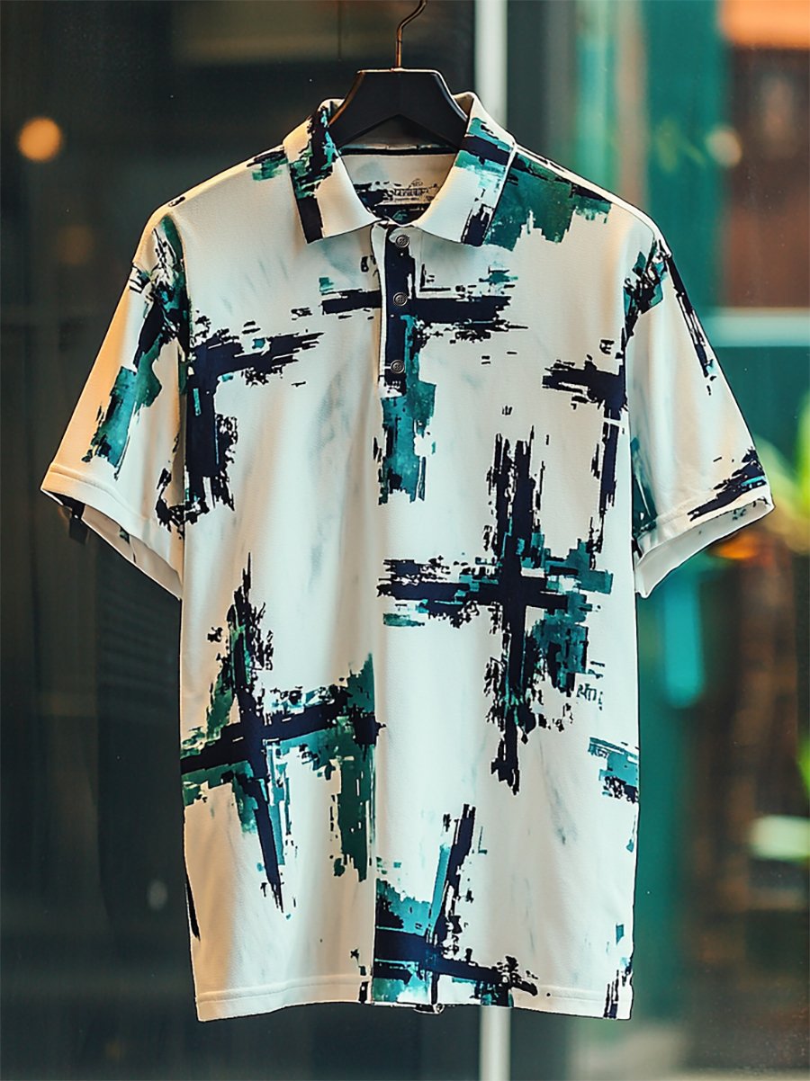 Camisa polo ejecutivo casual Cross estampado Button de manga corta para hombre