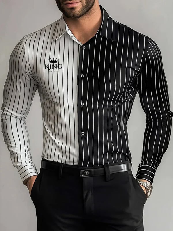 Camisa Mens Street Style ejecutivo casual a rayas Logo de manga larga