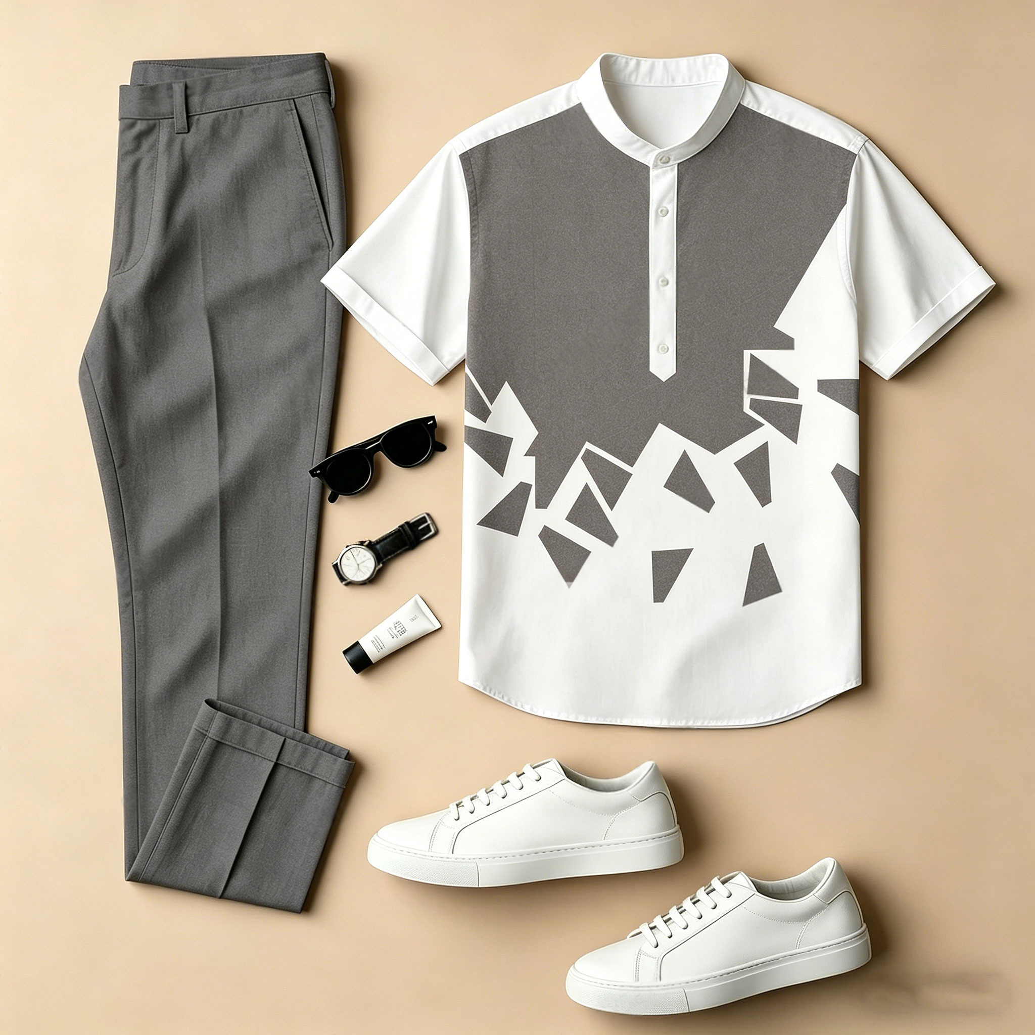 Conjunto de dos piezas casual Color-Blocked estampado Crew Neck de manga corta camisa And Trousers para hombre