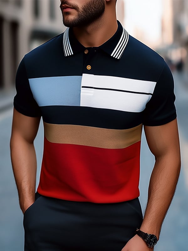 Camisa polo ejecutivo rayas Logo con botones de manga corta para hombre