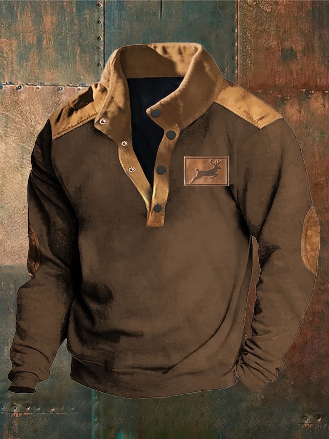 Sudadera Western Style Elk estampado Deerskin terciopelo Patchpara trabajo Stand-cuello para hombre