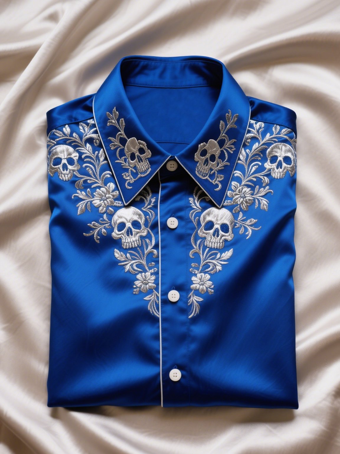 Camisa satén de lujo ejecutivo Skull de manga corta Button para hombre