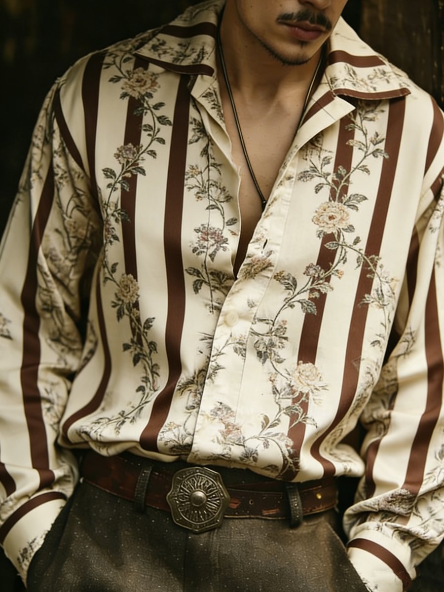 Camisa de lujo floral estampado de manga larga para hombre