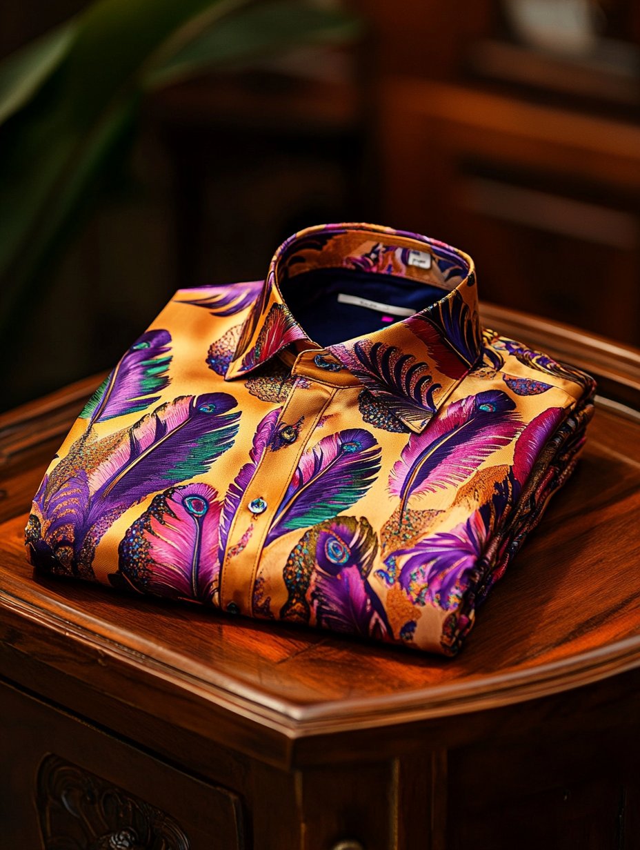 Camisa de lujo retro Carnival Feather de manga larga para hombre