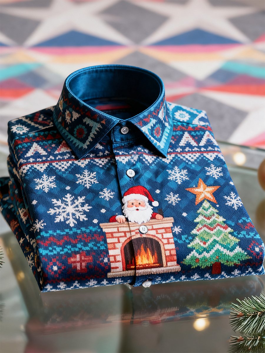 Camisa Christmas de manga larga con botones para hombre