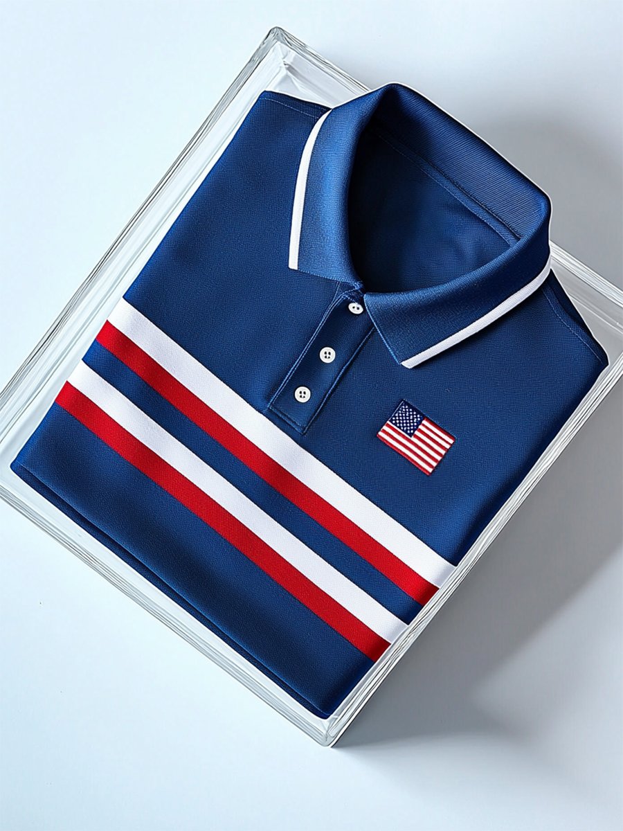 Camisa polo ejecutivo casual Independence Day a rayas Button de manga corta para hombre