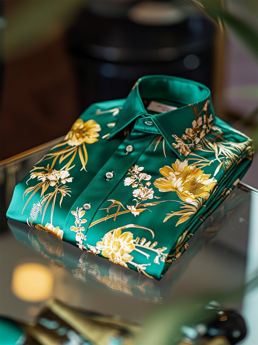 Camisa satén Luxe hawaiano estampado de manga corta Button para hombre