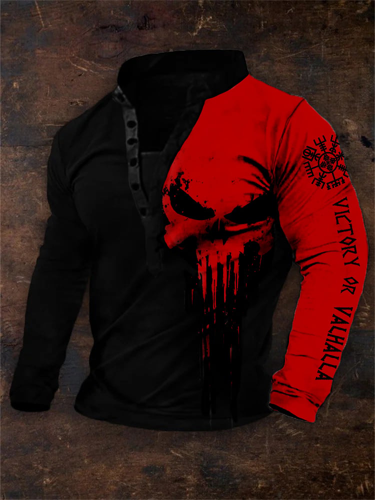 Sudadera vintage Victory Or Valhalla Vegvisir Skull Contrast estampado Henley cuello para hombre