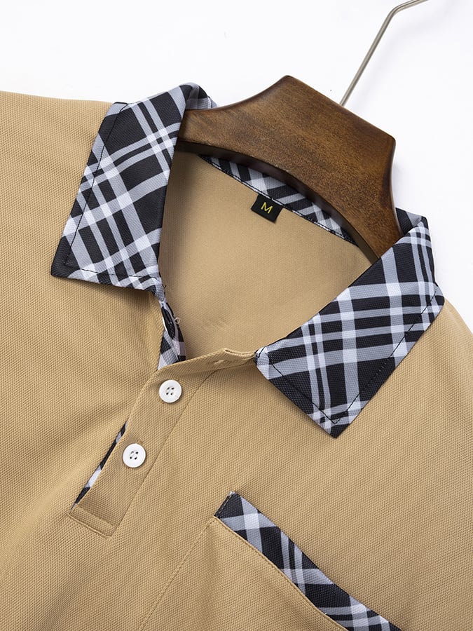 Camisa polo retro a cuadros stitching de moda casual (with bolsillos) para hombre