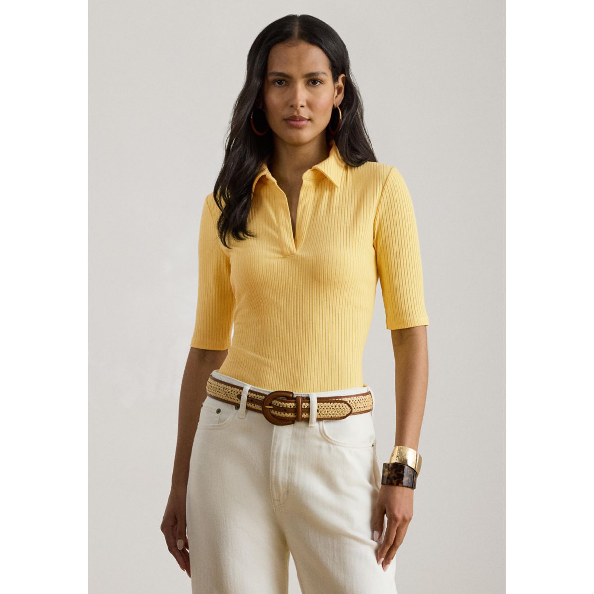 Women's Rib-Knit Elbow-Sleeve Polo T-Shirt - 1