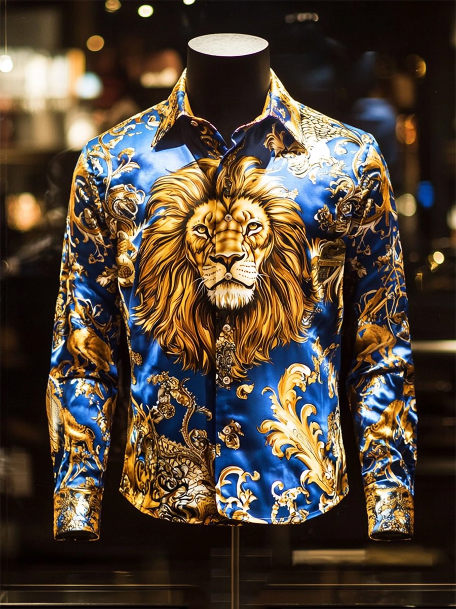 Camisa satén Luxe Lion de manga larga con botones para hombre