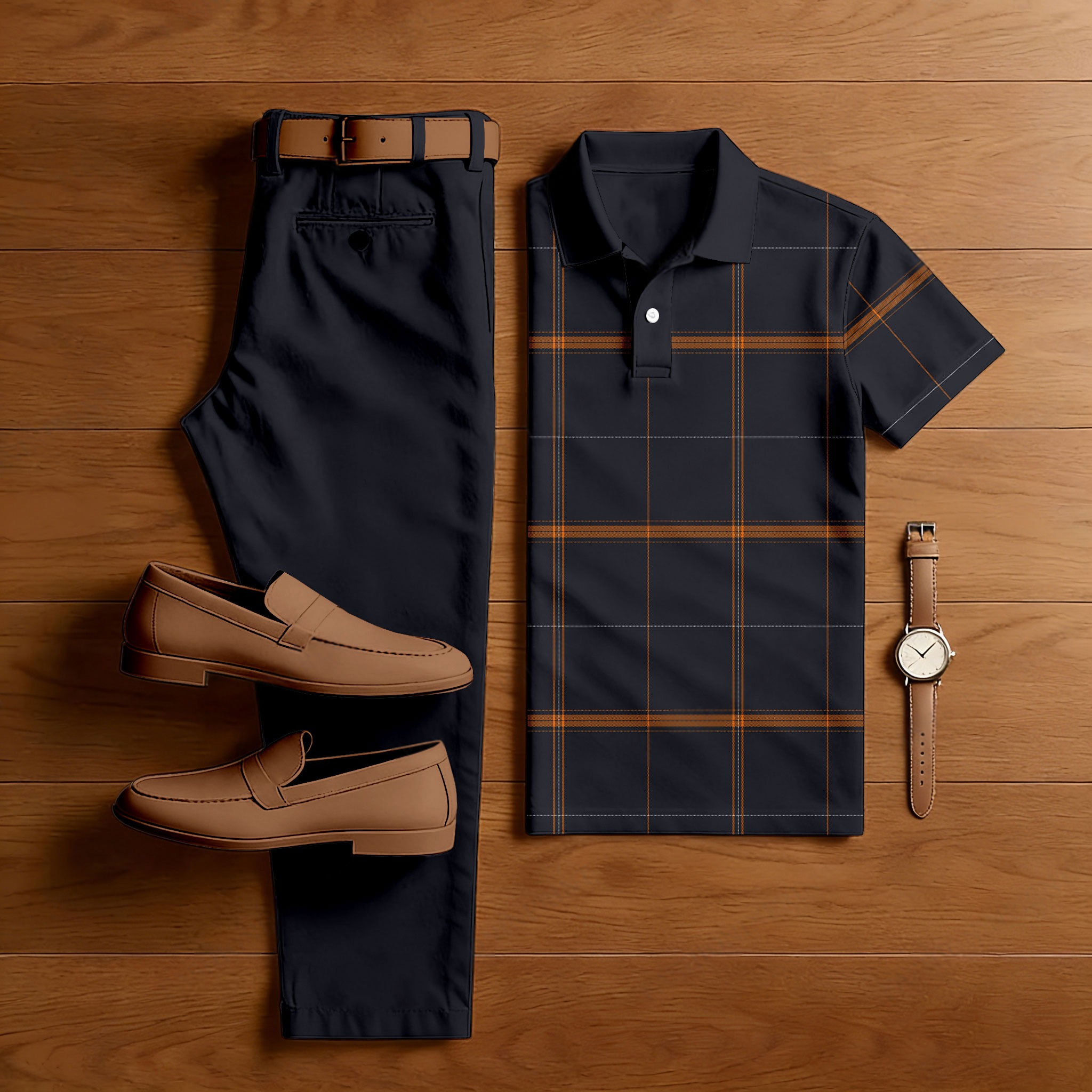 Conjunto de dos piezas casual Black a cuadros estampado camisa polo And Trousers para hombre