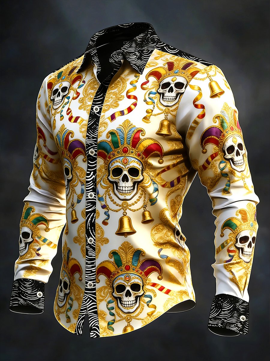 Camisa retro Carnival Skull de manga larga para hombre