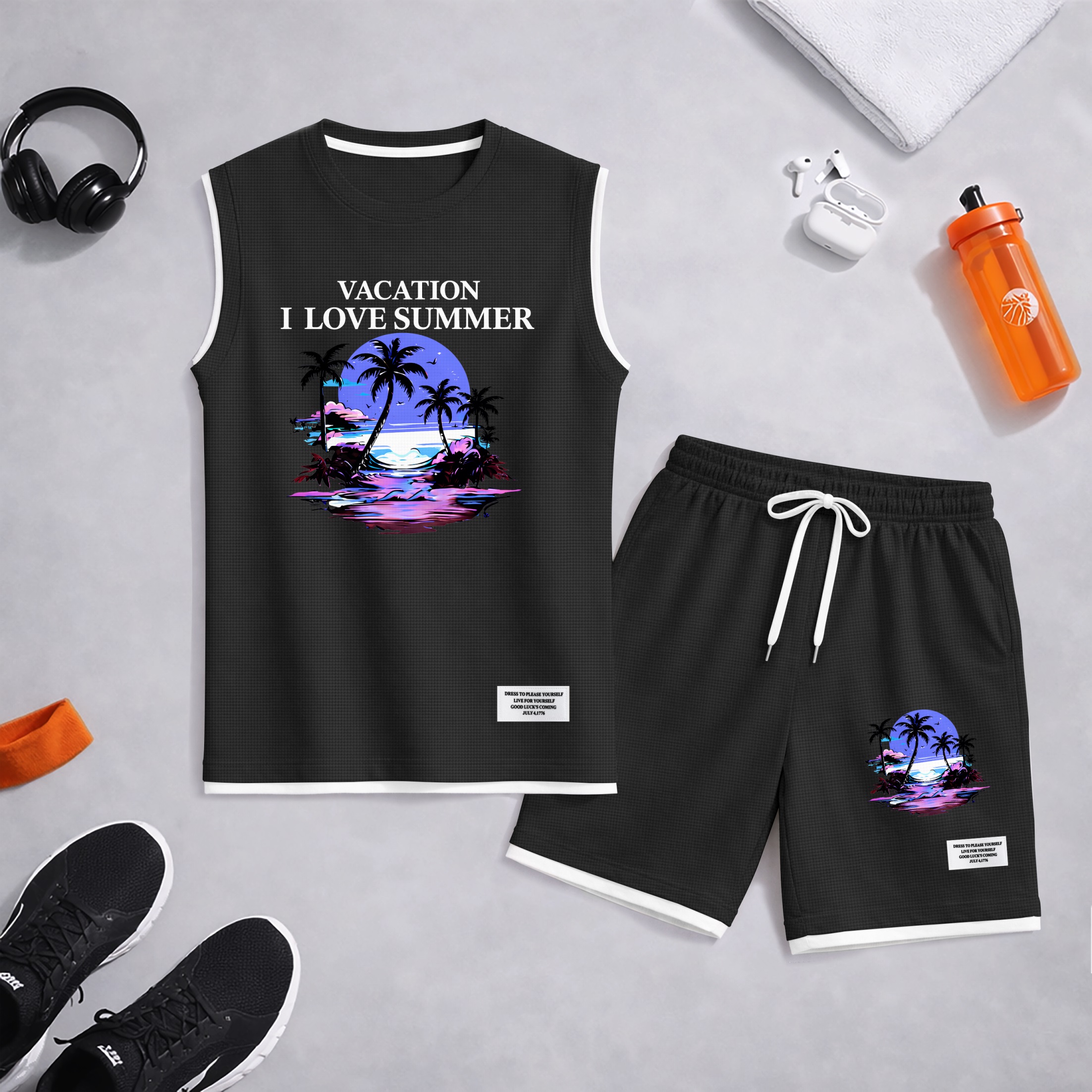 Shorts Tropical Beach Graphic estampado Summer Set Sleeveless Tank Top & Matching Outfit, Vacation Island estampado Lightweight casual Streetwear Set for Everyday & Holiday para hombre