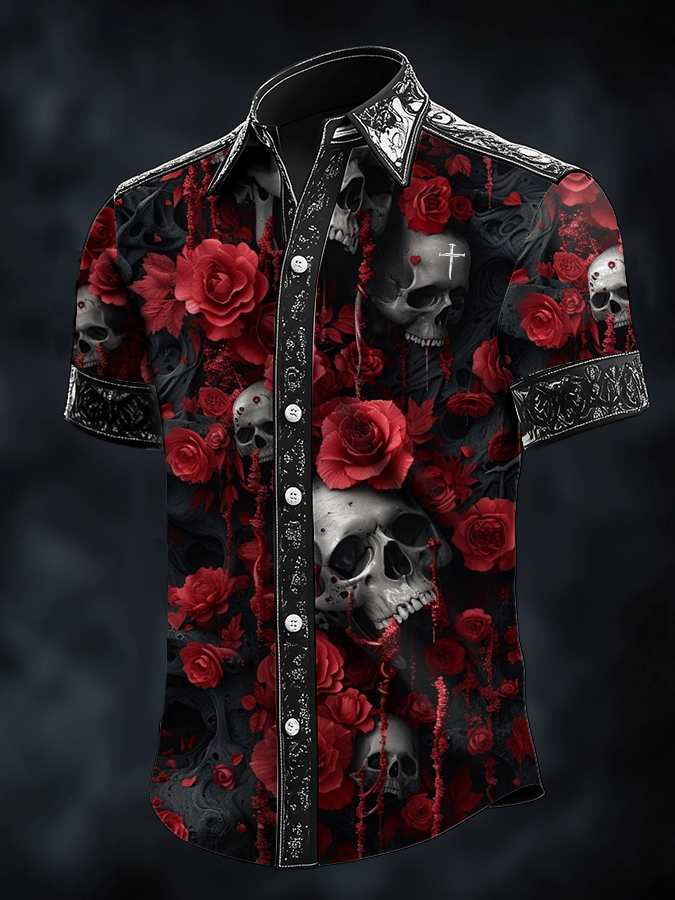 Camisa Dark Skull estampado satén de manga corta para hombre