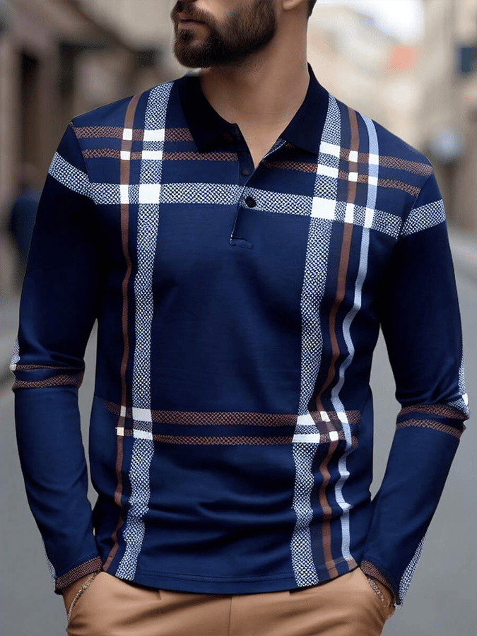 Camisa polo a cuadros ejecutivo casual de manga larga para hombre
