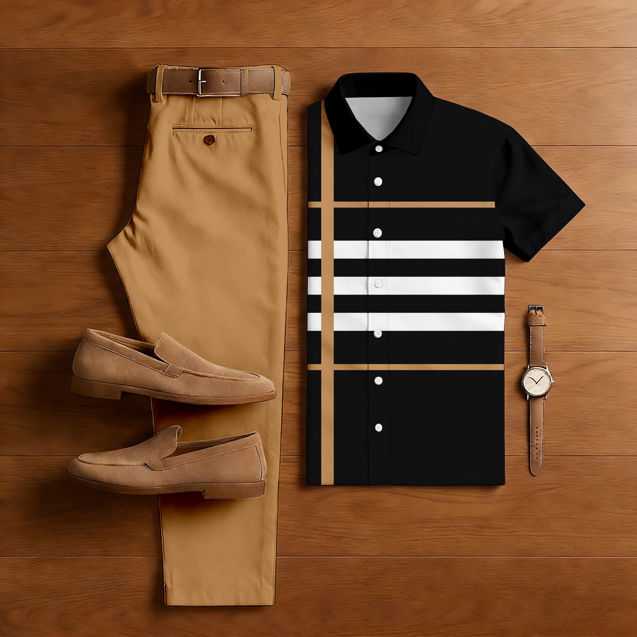 Conjunto de dos piezas casual Tan & Black Color Matching a rayas estampado de manga corta camisa & Trousers para hombre