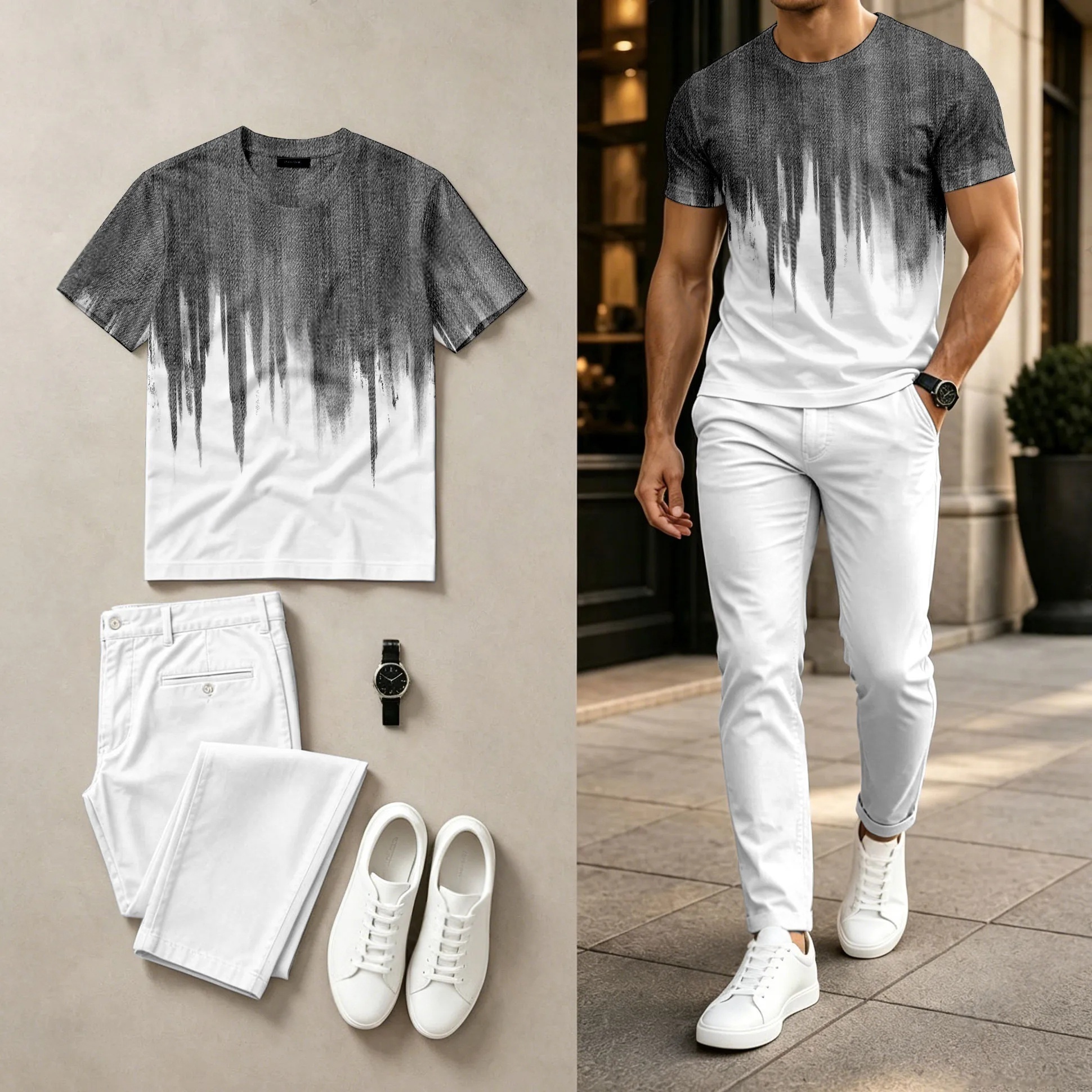 Conjunto de dos piezas casual Black-And-White Gradient estampado Round-Neck de manga corta Top And pantalón para hombre